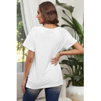 White V Neck Short Sleeves Cotton Blend Tee with Front Pocket and Side Slits