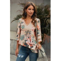 Apricot 3/4 Flared Sleeve Floral Blouse