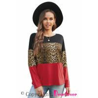 Burgundy Colorblock Leopard Patchwork Long Sleeve Top