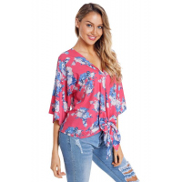 Rose Flowery Print Tie Front Kimono Sleeve Blouse