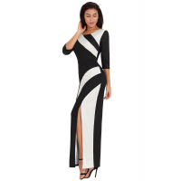 Black White Color Block Side Slit Maxi Dress