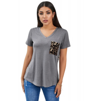 Gray Leopard Printed Splicing T-Shirt