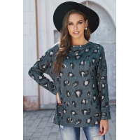 Leopard Print Pullover Long Sleeve Top with Slits