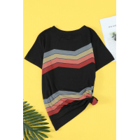 Black Colorful Wavy Stripes Print Short Sleeve Tee