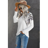 White Long Sleeve Top With Leopard Snakeskin Print