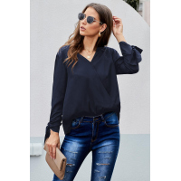 Black V Neck Ruched Tie Sleeve Top