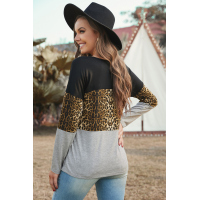 Gray Colorblock Leopard Patchwork Long Sleeve Top