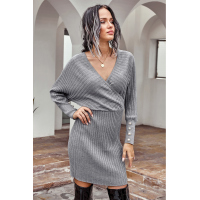 Gray Wrap V Neck Batwing Sleeves Ribbed Sweater Dress