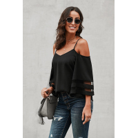 Black Spaghetti Straps Cold Shoulder Mesh Insert Bell Sleeve Blouse