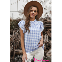 Light Blue Plaid Ruffled Short Sleeves Tee