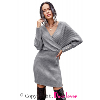 Gray Wrap V Neck Batwing Sleeves Ribbed Sweater Dress