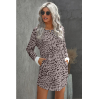 Pink Crew Neck Long Sleeve Leopard Print Mini Dress