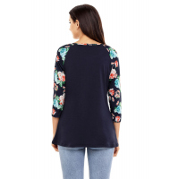 Floral Print Raglan Sleeve Black Top