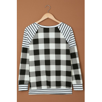 Black Buffalo Plaid Stripe Splicing Long Sleeve Top