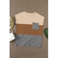 Brown Colorblock Pocketed Cap Sleeve Top