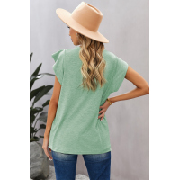 Green V Neck Buttoned Lace Trim Short Sleeve Tee