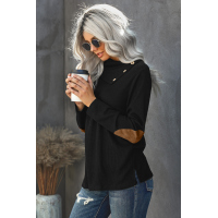 Black Buttoned Neck Knit Long Sleeves Top