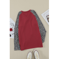 Red Leopard Patchwork Lace-up Front Long Sleeve Top