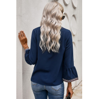 Blue Boho Floral V Neck Long Sleeve Casual Top