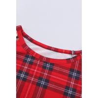 Red O-Neck Leopard Sleeve Plaid Splicing Blouse