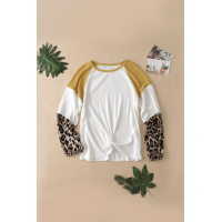 Leopard Long Sleeve Waffle Knit White Blouse with Twist Knot