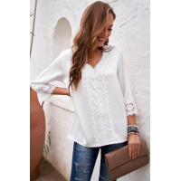 White 3/4 Sleeves Crochet Detail V Neck Blouse