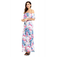 Blue Rosy Flower Off Shoulder Long Boho Dress