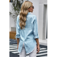 Sky Blue Roll up Long Sleeves Frayed Hem Denim Shirt