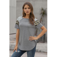 Gray Striped Leopard Print Short Sleeve Women T-shirt