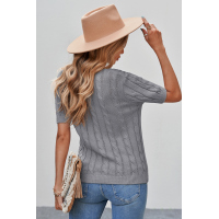 Gray Cable Knit Short Sleeve Top with Buttons