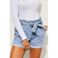 Light Blue Paper Bag Waist Denim Shorts