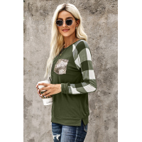 Green Plaid Splicing Sequined Pocket Long Sleeve Top