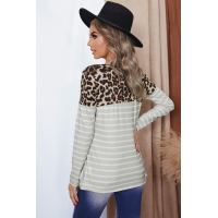 Leopard Print Splicing Apricot Striped Long Sleeve Top with Front Twist 