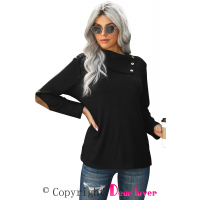 Black Buttoned Neck Knit Long Sleeves Top