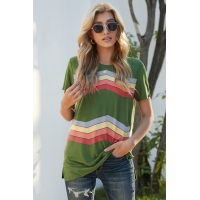 Green Colorful Wavy Stripes Print Short Sleeve Tee