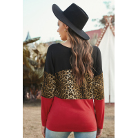 Burgundy Colorblock Leopard Patchwork Long Sleeve Top