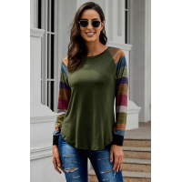 Color Block Long Sleeves Green Pullover Top