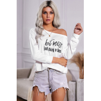 White Off Shoulder Letter Print Long Sleeve Top