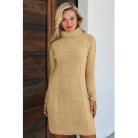 Khaki Hand Knitted High Neck Sweater Dress