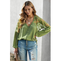 Green V Neckline Lace Shoulder Patchwork Blouse