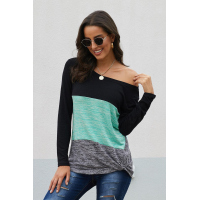 Green Color Block Crew Neck Blouse