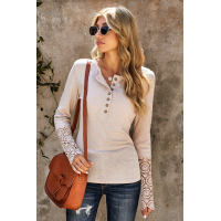 Beige Crochet Lace Hem Sleeve Button Top