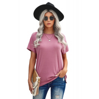 Pink Round Neck Short Sleeve Solid Color Tee