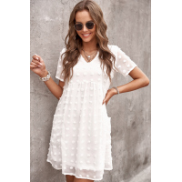 White V Neck Pompom Babydoll Style Short Sleeves Flowy Mini Dress