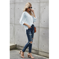 White V Neck 3/4 Sleeve High Low Hem Shirt