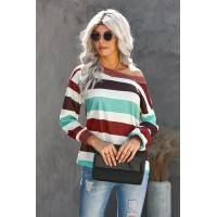 Brown One Shoulder Striped Color Block Lantern Long Sleeve Top