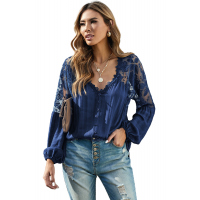 Blue V Neckline Lace Shoulder Patchwork Blouse