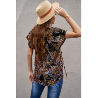 Multicolor V-neck Short Sleeve Fashion Print Fantasy Fluttering Blouse