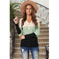 V-neck Color Block Button Waffle Knit Pullover