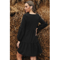 Black Ruffle V-Neck Flowy Loose Tunic Dress